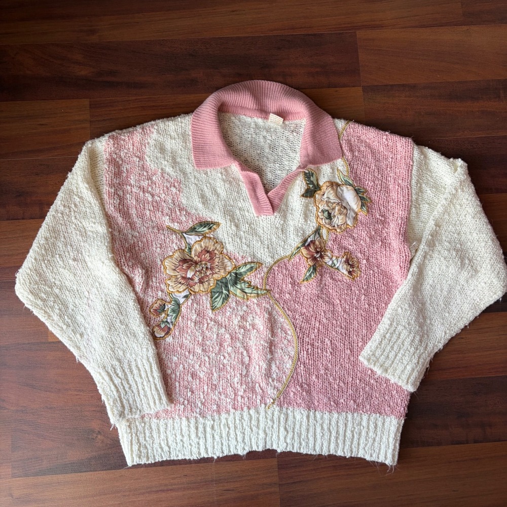 Vintage‎ Grandmacore Pink Cream Floral Embroidered Knit Polo Sweater Women's Med